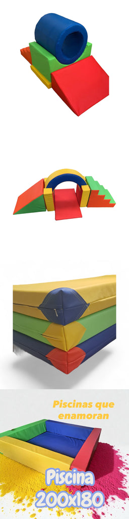 Pack promocional Rainbow colorful foam play set with mats, climbing arch, ladder, ramp, and 200x180x40 cm pool