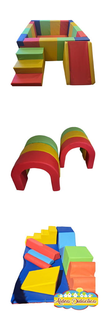 Colorful soft play set including cuncuna, pool with ramp and ladder, and therapy integral set, Pack promocional ONE.